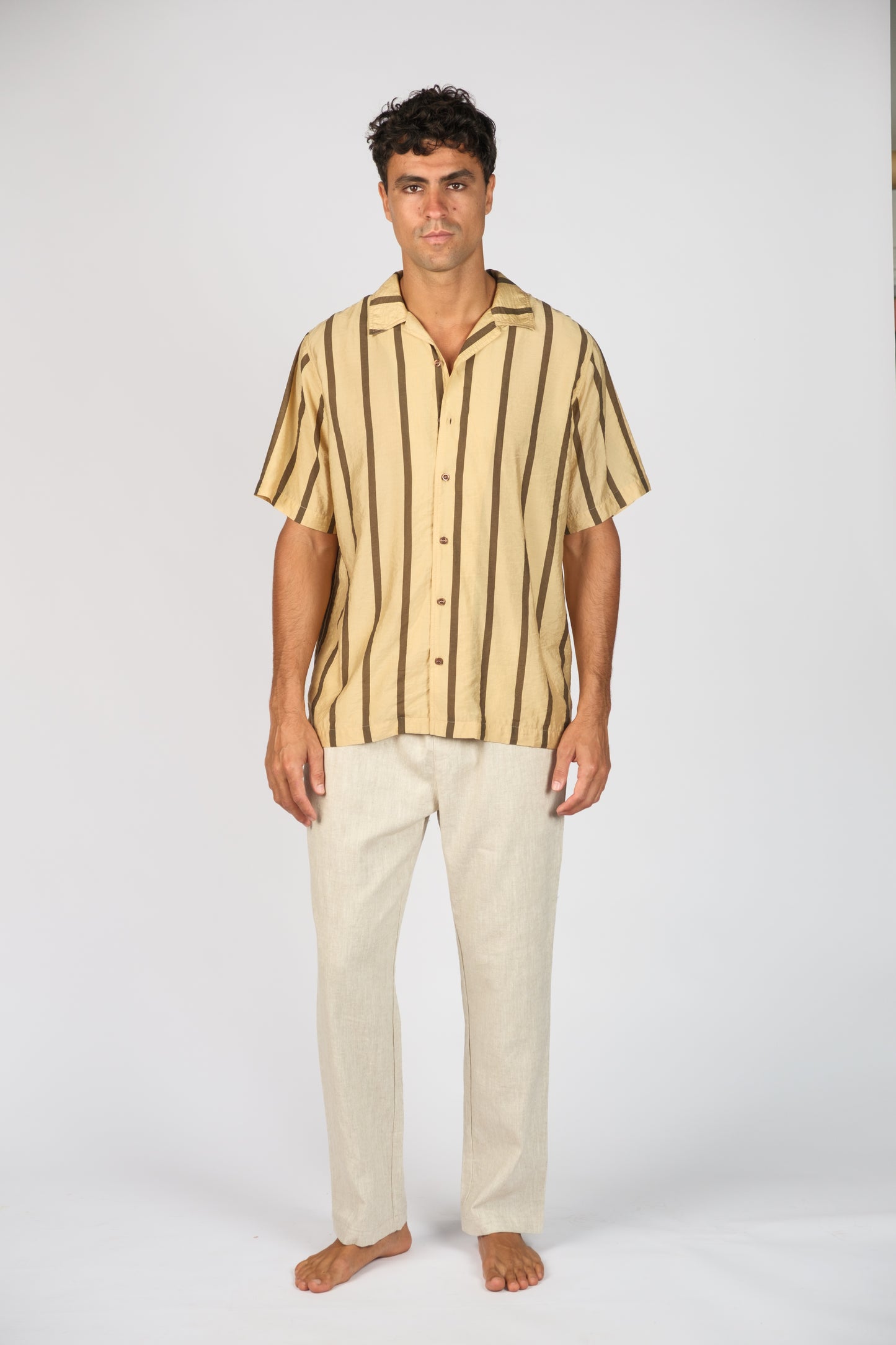 BILLY ALOHA SMOKED BANANA STRIPE SHIRT. YELLOW AND MOCHA STRIPES. RELAXED FIT.