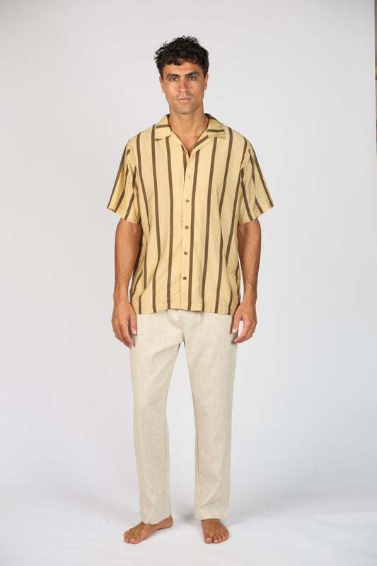 BILLY ALOHA SMOKED BANANA STRIPE SHIRT. YELLOW AND MOCHA STRIPES. RELAXED FIT.