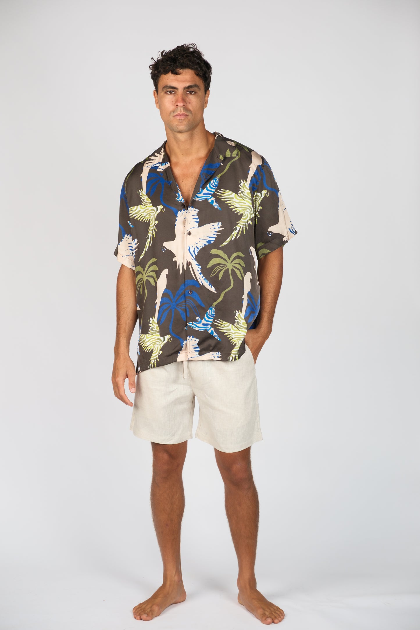 BILLY ALOHA HAVOC SHIRT. BLUE, CREAM, BROWN, GREEN MENS BUTTON UP SHIRT.