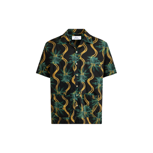 Delirium Shirt. Short-sleeve shirt with a tropical pattern on a white background