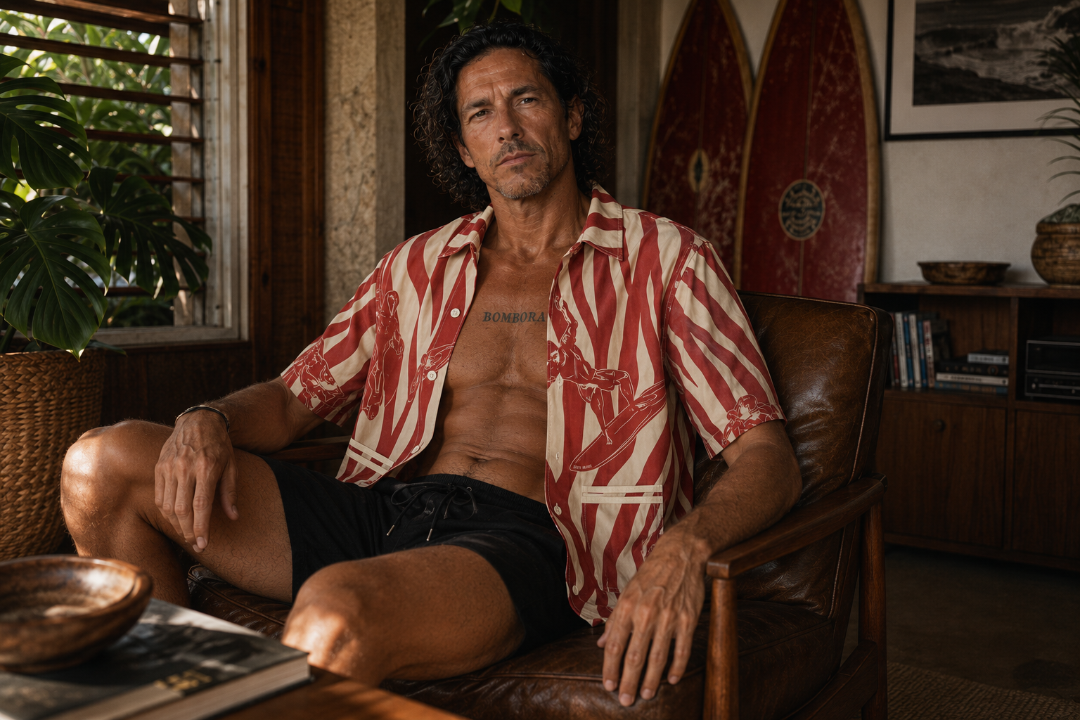 A man sits in a leather armchair wearing a red and cream patterned short-sleeve button-up shirt and black shorts in a rustic indoor setting with surfboards and plants in the background.