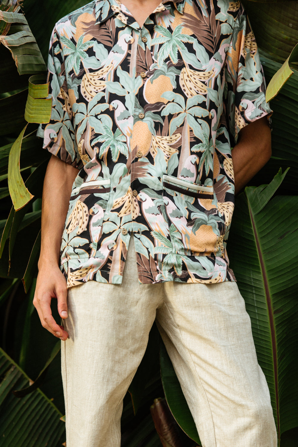 BILLY ALOHA PARROT-DISE SHIRT AND LINEN LOUNGE PANTS NATURL
