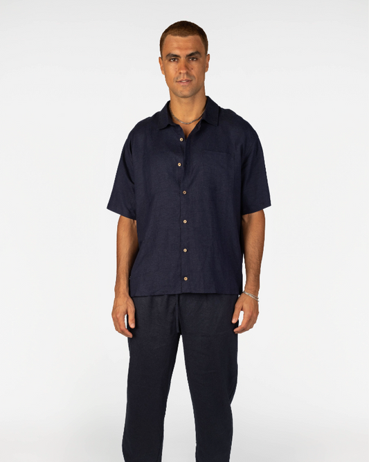 Mens Hawaii Resort Wear - Billy Aloha Linen Cafe Shirt - Night Sky