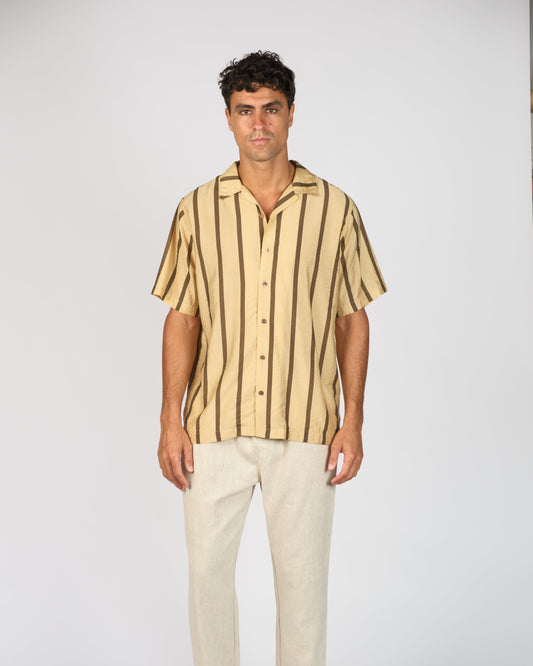 BILLY ALOHA SMOKED BANANA STRIPE SHIRT. YELLOW AND MOCHA STRIPES. RELAXED FIT.