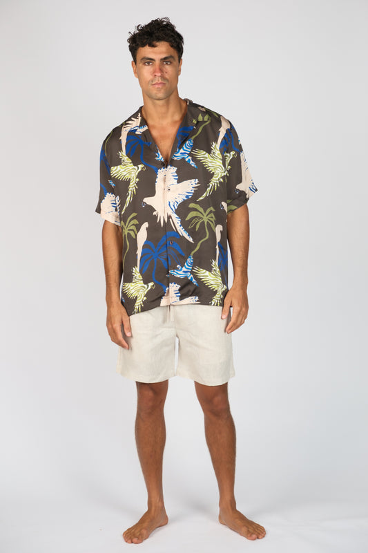 BILLY ALOHA HAVOC SHIRT. BLUE, CREAM, BROWN, GREEN MENS BUTTON UP SHIRT.