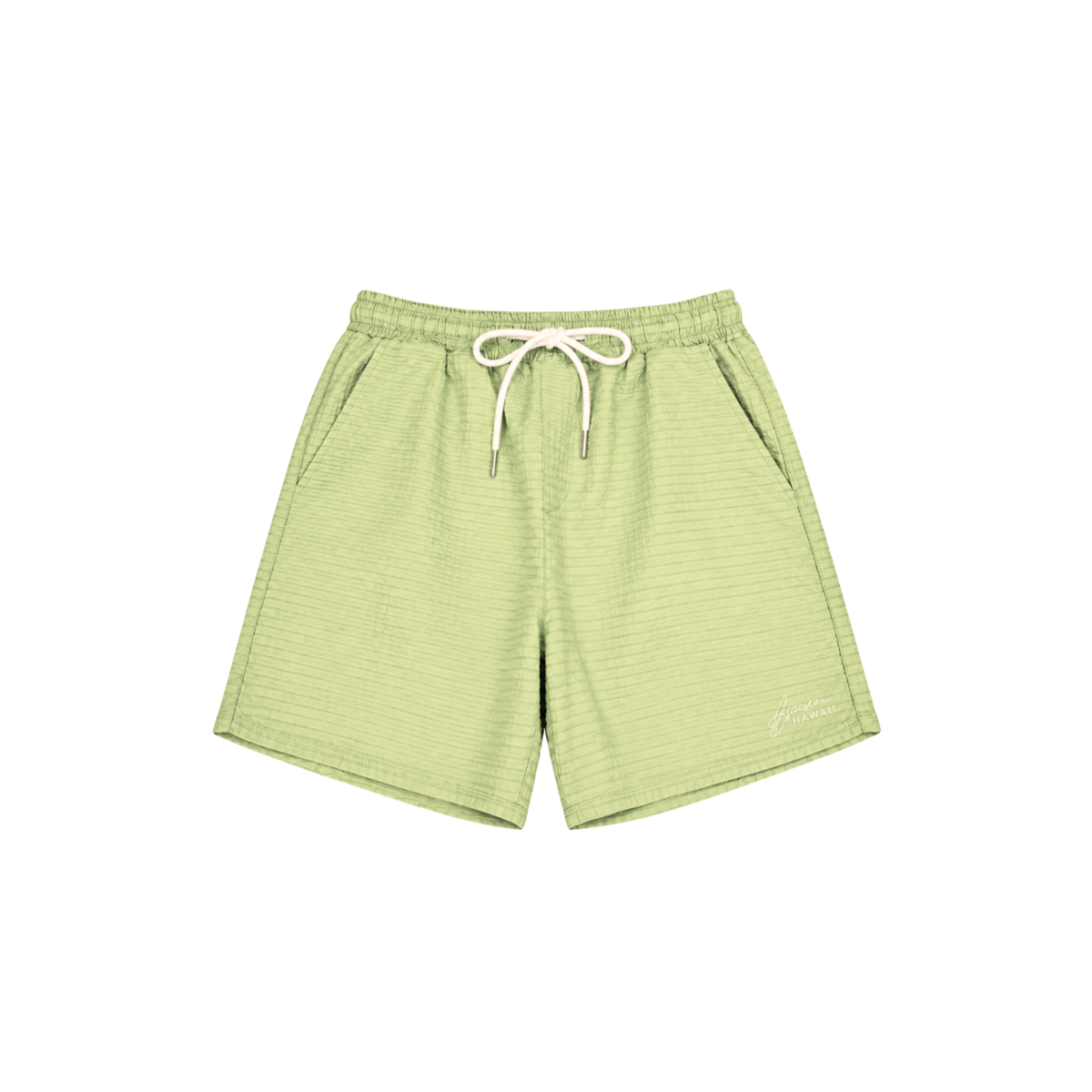 Light green textured drawstring shorts with a white drawstring and a small white script logo on the lower left leg, shown flat on a white background.