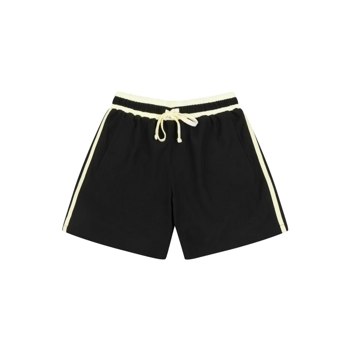 Black athletic shorts with cream-colored side stripes, a cream elastic waistband, and a cream drawstring, shown flat on a white background.